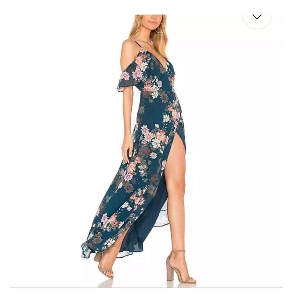 Yumi Kim Endless Love Wrap Maxi Cold Shoulder Dress Teal Floral Print Cottage